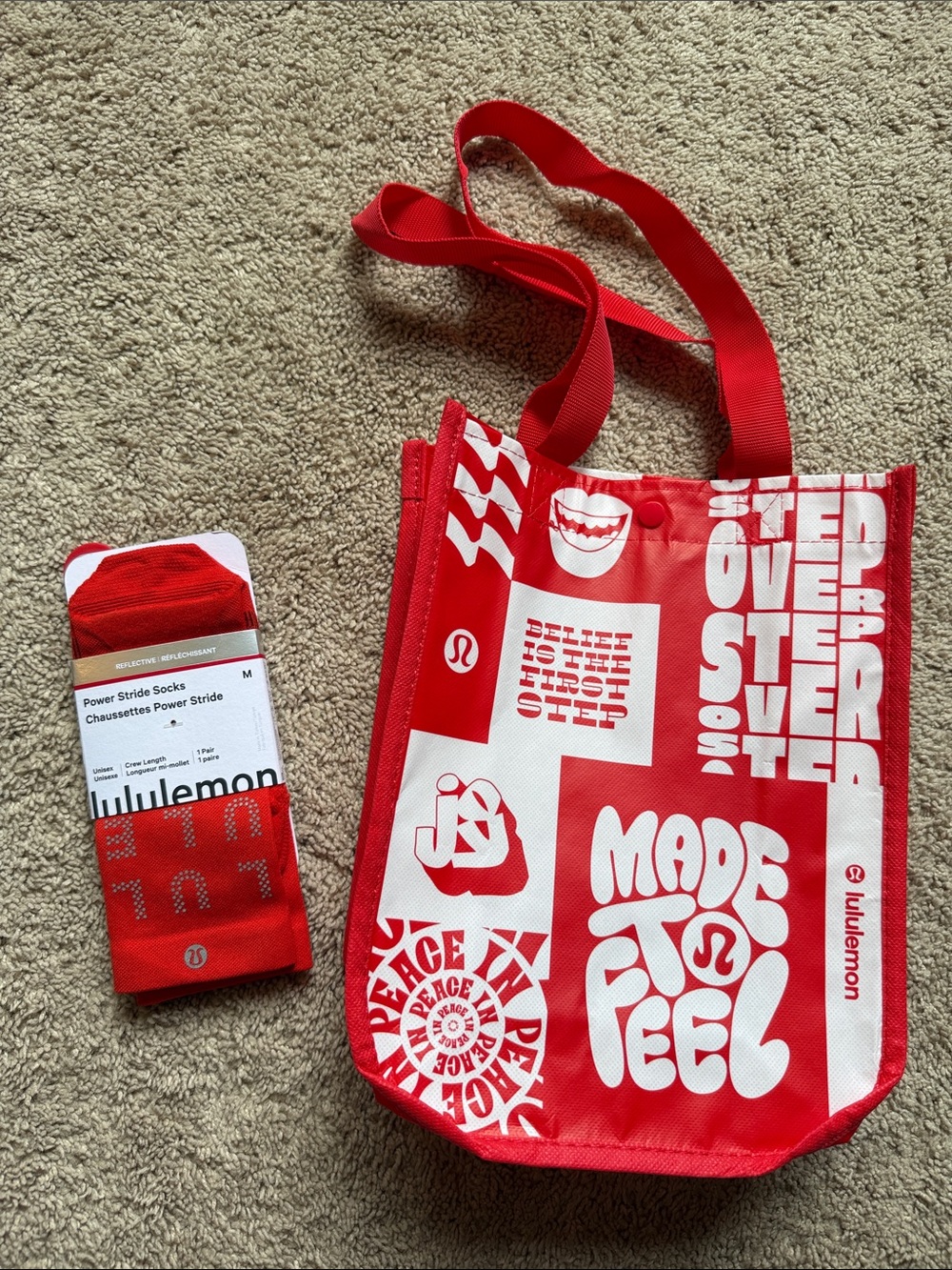 lululemon athletica Orange Power Stride Socks with Red Graphic Tote Bag